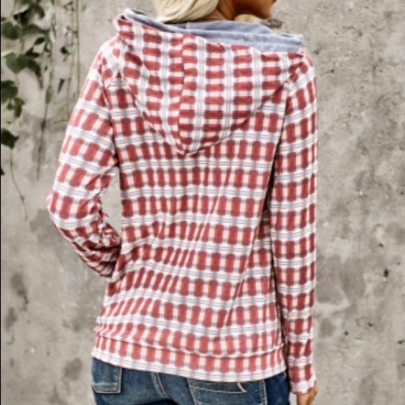Red Plaid Cowl Neck Hoodie - Picture 5 of 6